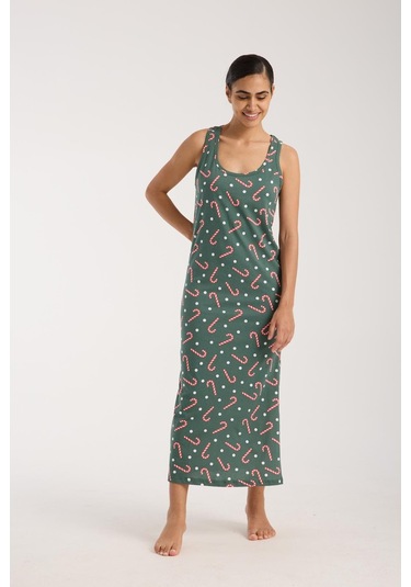 Akbeniz Kadın Kalın Askılı Yırtmaçlı Uzun Yeşil Gecelik Yeşil