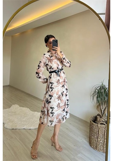 Neşeli Butik Kadın Desenli Gömlek Yaka Midi Elbise Nm011 Bej