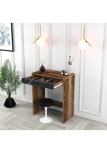 Lizbon Mini Makyaj Masası - Ceviz / Siyah Mermer