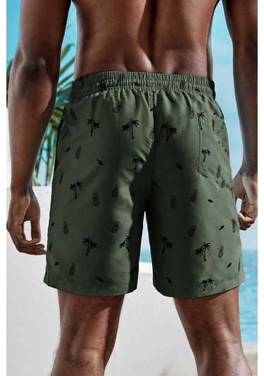 Angelsin Erkek Basic Standart Boy Ananas Ve Palmiye Baskılı Mayo Cepli Deniz Şortu 001