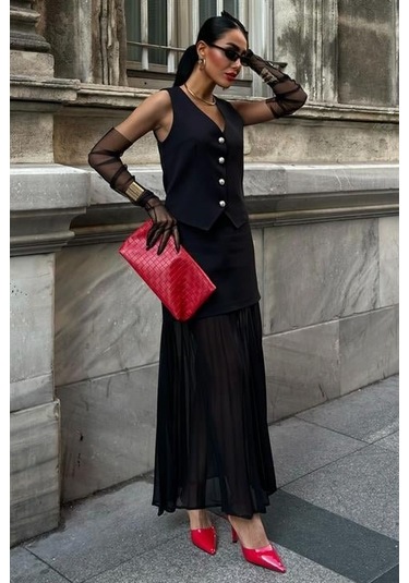 Yelek Ve Pilise Etekli Premium Takım 10096 Si Yah