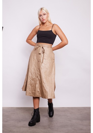 Kraş İnce Deri Yüksek Bel Yan Cepli Kiloş Uzun Etek-Bej