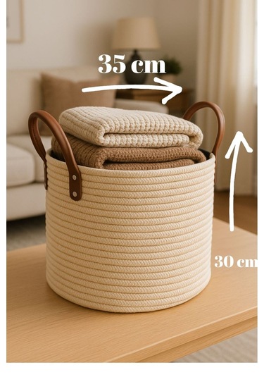 Maisoné Deri Saplı Hasır Görünümlü Jüt Sepet Battaniye Sepeti Oyuncak Sepeti Krem