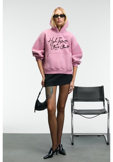 Grımelange Kıkres Kadın Kapüşonlu Nakış Detaylı Oversize Koyu Pembe Sweatshirt Koyu Pembe
