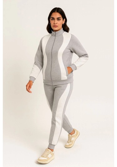 Kadın Premium Parçalı Eşofman Takım - Dik Yaka Fermuarlı Sweatshirt - Gri Çok Renkli