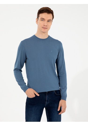 Cacharel Mavi Slim Fit Bisiklet Yaka Basic Triko Kazak