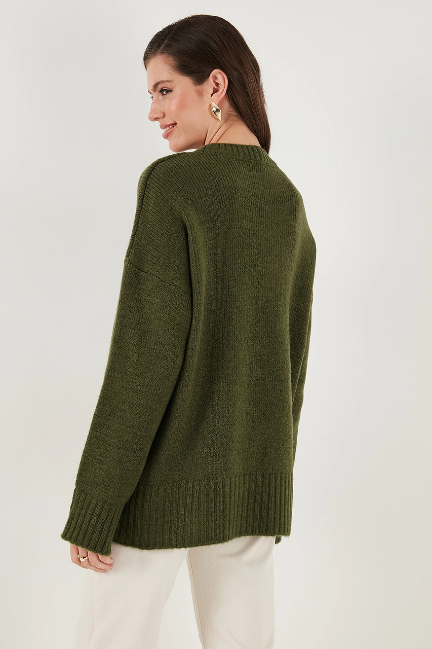 Lela Regular Fit Bisiklet Yaka Basic 2'Li Paket Triko Bayan Kazak 4616213S2 Haki-Taş