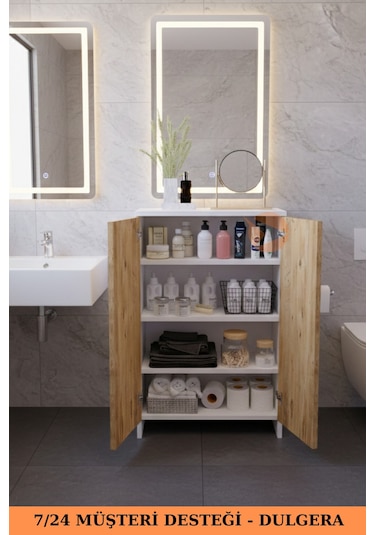 2 Kapaklı 4 Raflı Dolap Çok Amaçlı Dolap Banyo Dolabı Banyo Rafı Çam