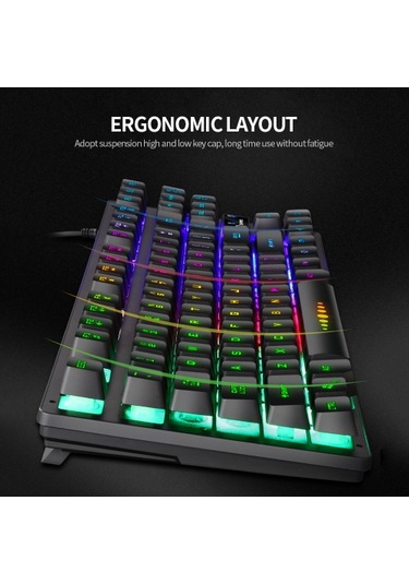 Gk-10 Usb Kablolu Klavye Oyun Klavyesi 87 Tuş Renkli Arka Aydınlatmalı Klavye Ergonomik Oyun Klavyesi Siyah