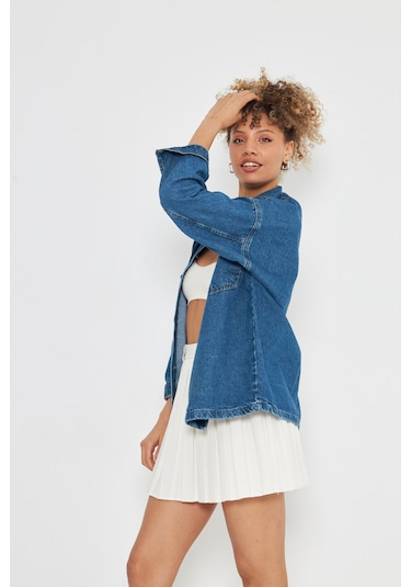 Kutaf Denim Klasık Cift Cepli Kot Gömlek Mavi