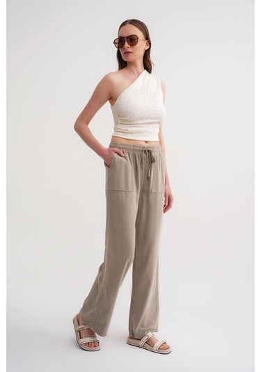 4629 Kadın Bol Paça Yüksek Bel Viskon Palazzo Pantolon Toprak Toprak