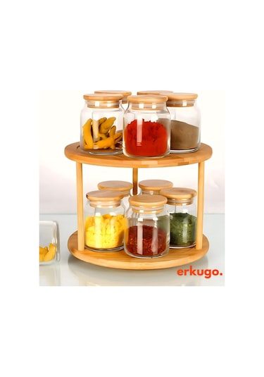 Bambu 360 Dönen 2 Katlı Baharatlık Düzenleyici , Sunumluk, Organizer, Katlı Stant Bambu