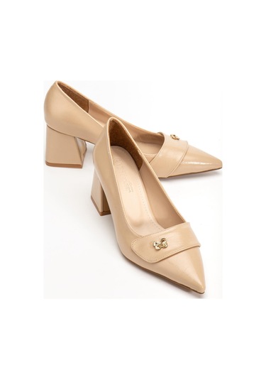 Nude Büyük Beden Kadın Topuklu Ayakkabı Rugan Kalın Topuklu Sivri Burun -4299 Nude