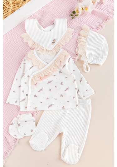 Çiçek Desenli Fistolu 5 Li Kız Bebek Hastane Çıkışı Bebek Takımı Çok Renkli