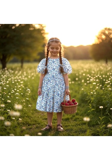 Çiçekli Kız Çocuk Yazlık Elbise Mavi