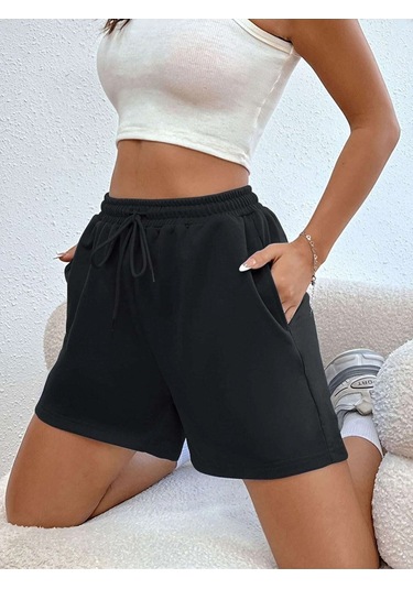 Siyah Kısa Basic Şort - Penye Baskısız Kordonlu Siyah