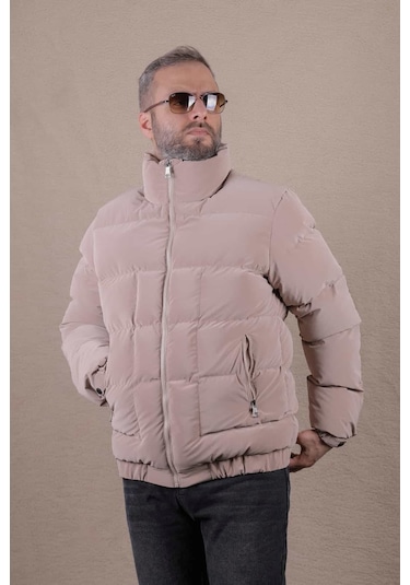 Ohepmoda Dik Yaka Nova Soft Kumaş Erkek Şişme Mont Sütlü Kahve