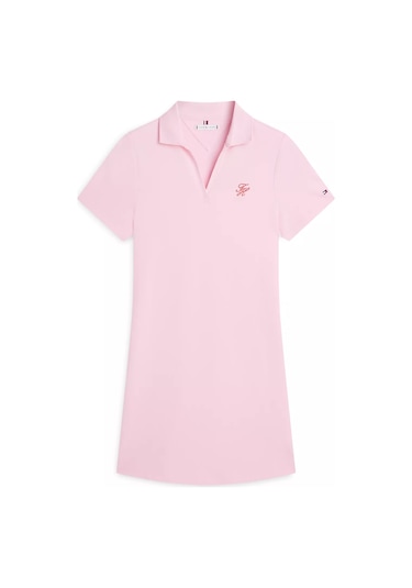 Kadın Normal Kalıp Polo Yaka Logo İşlemeli Kısa Kollu Pembe Elbise Pembe