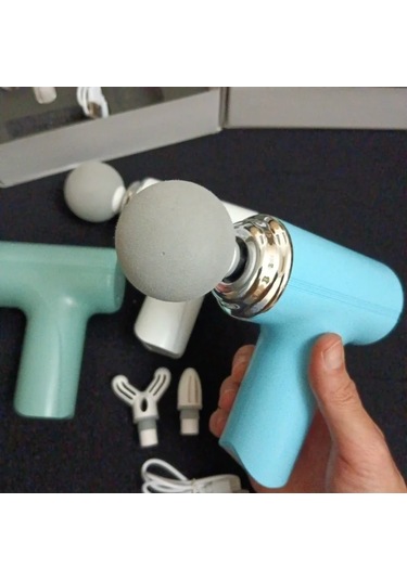 Masaj Tabancası Darbeli Titreşimli 4 Başlıklı Profesyonel Şarjlı Mini Masaj Aleti 4741 Açık Mavi