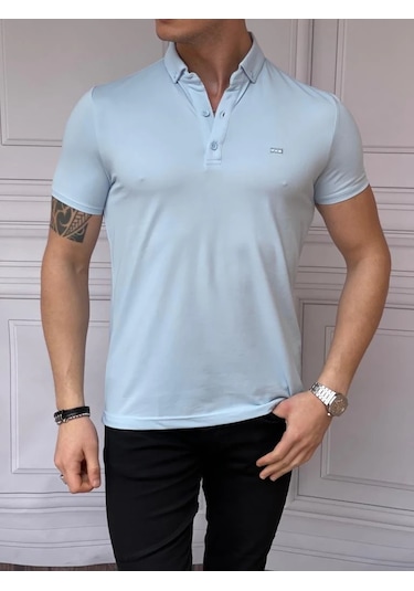 Modefendi Merserize Polo Yaka Slimfit Kalıp Tshirt Buz Mavi