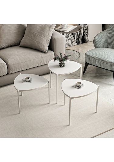 Minar Lenny 3 Lü Metal Ayaklı Zigon Sehpa - Beyaz