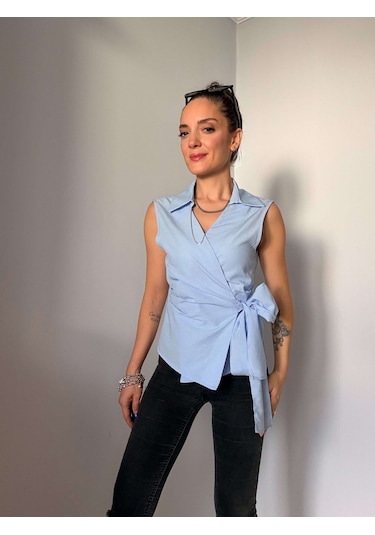 Ali Butik Mavi Sıfır Kol Poplin Gömlek Mavi