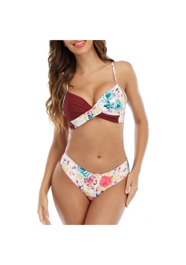 Geeroyoo Kadın Bikini Takımı - Ayarlanabilir Askılı, Desenli, Asya Bedeni L Kırmızı Burgonya