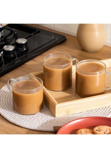 Porsima Pbt-589 Borosilikat Isıya Ateşe Dayanıklı Cam Kulplu 3 Lü Çay Bardağı Kahve Bardak Seti Kupa Şeffaf 350ml Şeffaf