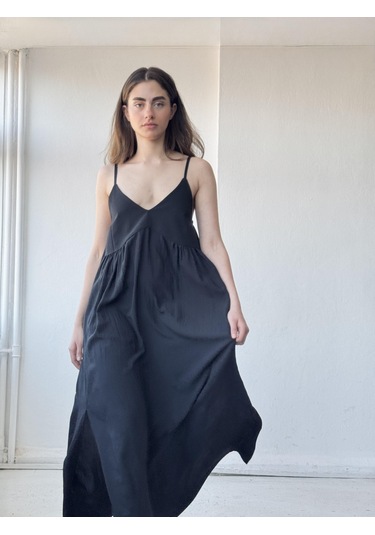 Retrobird Tasarım June Askılı Yırtmaçlı Elbise Siyah-13913 Siyah