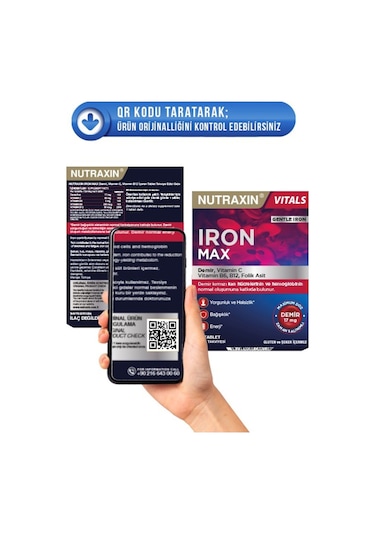 Nutraxin Iron Max 17 Mg 30 Tablet - Gentle Iron, Vitamin C, B12, B6, Folik Asit