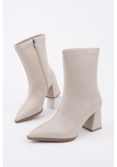Muggo Codi Sivri Burun Kalın Topuklu Fermuarlı Kadın Bot Ten
