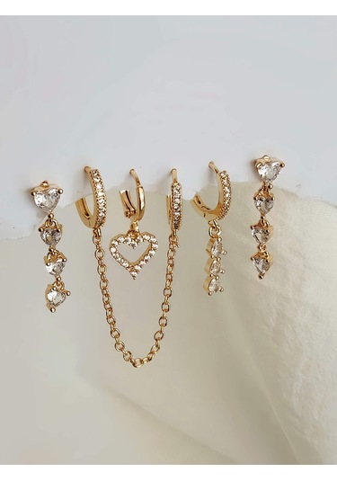 6'lı Kalp Baget Model Altın Kaplama Gold Küpe Seti Sarı