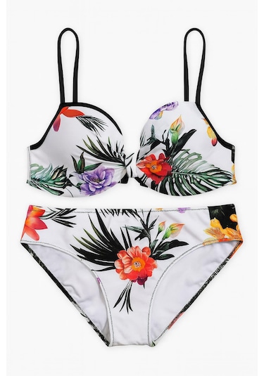 Kadın Tropikal Desenli Bikini Takımı Çiçekli Yaz Modeli 0206 B Beyaz