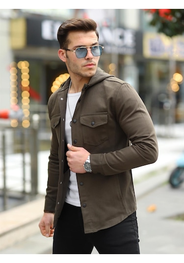 Haki Renk Kapüşonlu Kot Ceket-1448 Haki