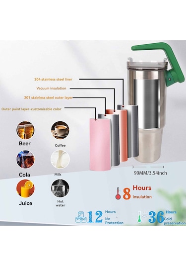 30 Oz Stanley Kupa, Kulplu Ve Samanlı Kapak, Vakum İzoleli  Seyahat Kupa, Sıcak Ve Soğuk İçecekler İçin Çift Duvarlı Paslanmaz Çelik Bardak Gümüş