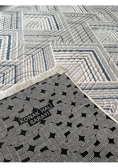 Konak Halı Modern Salon Halısı 3d Geometrik Desenli Gri Emboss Saçaklı Kaymaz Taban Açık Gri