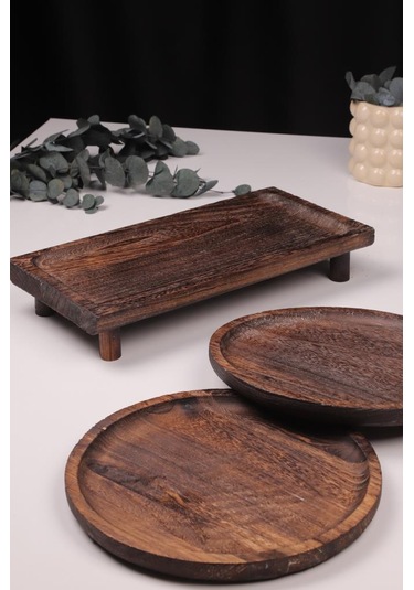 Bambum 3 Parça Pavlonya Heritage Ahşap Sunum Ve Servis Seti Dikdörtgen Ve Yuvarlak Servis Tabakları Ahşap