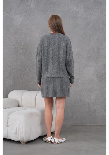 Kadın Bisiklet Yaka Saç Örgü Kazak Etek İkili Triko Takım Antrasit