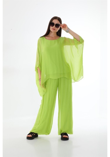 İtalyan Yarasa Kol İpek Bluz-8869 Fıstık Yeşili