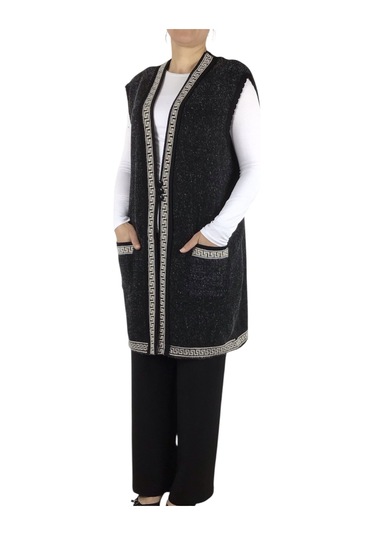 Kadın Önü Üç Düğmeli Desenli Cepli Kalın Büyük Beden Yelek Siyah