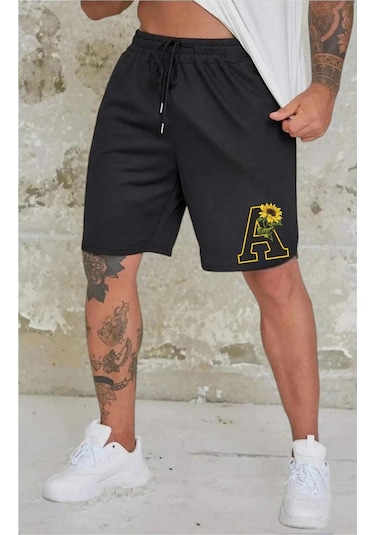 Benroma Çiçekli A Baskılı Unisex Şort Siyah