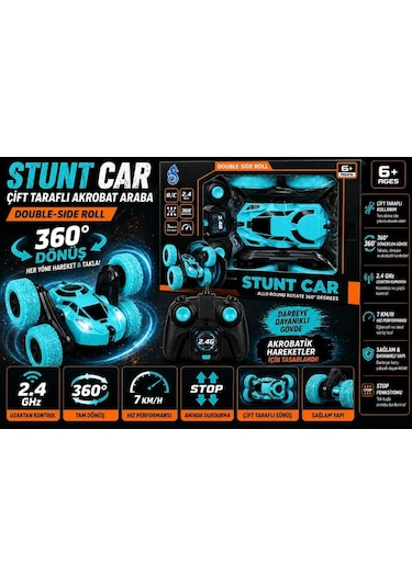 Uzaktan Kumandalı 360 Dönen Şarjlı Akrobat Stunt Car Araba Turkuaz