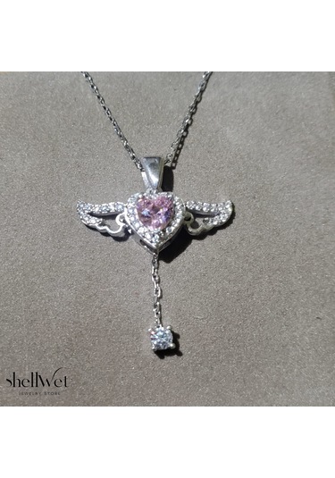 Angelight 925 Ayar Gümüş Melek Kanatlı Pembe Taş Kalpli Kadın Kolye Ort. Gümüş