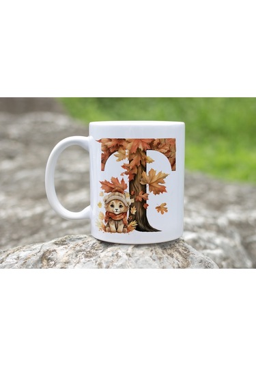 T Harf Sonbahar Yaprak Temalı Kupa Bardak - Sevimli Figürler İle Alfabe Harfli Bardak - Kişiye Özel Beyaz