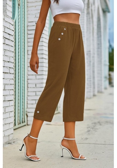 Simala Kadın Beli Lastikli Düğme Ve Cep Detaylı Kapri Ithal Keten Pantolon Hardal