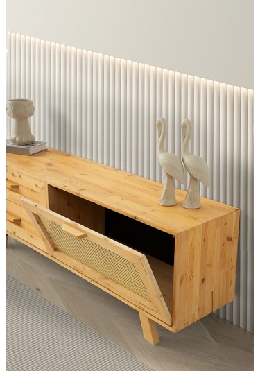 Tv Sehpası 2 Çekmeceli 1 Hasır Kapaklı Natural Ağaç 180cm Kurulu Gönderilir Naturel