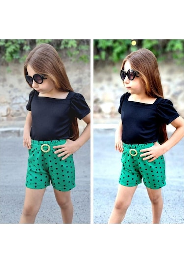 MODAVALS KIZ ÇOCUK PUANTİYELİ KEMERLİ ŞORT VE BLUZ KOMBİN - YEŞİL Yeşil