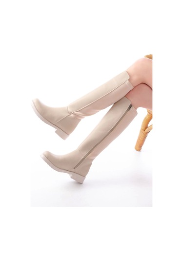 165-305 Bej Arka Streç Fermuarlı Günlük Kadın Çizme Bej