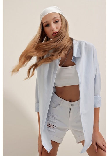 Bigdart 3900 Oversize Uzun Basic Gömlek - Açık Mavi 001