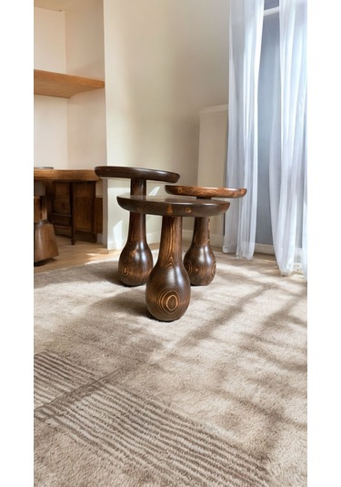 Wood Ahşap 3 Lü Set Vazo Model Mantar Yan Sehpa / Ceviz